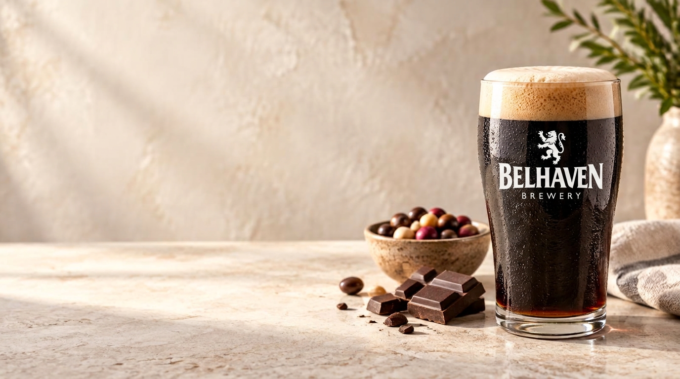 Vaso de cerveza negra Belhaven con chocolate sobre una mesa luminosa